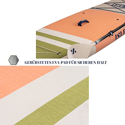 Foto von ISLE Pioneer Aufblasbares Stand up Paddle Board, inkl. Sicherheitsleine, 3-Finnensystem, Rucksack, Pumpe, Paddel - Einsteiger SUP - 320x86x15cm - max. 129kg - California Design - Pfirsich/Moosgrün