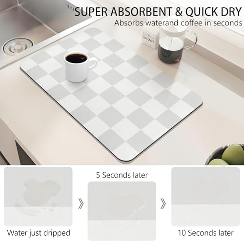 Meetcolor Dish Drying Mat for Kitchen Counter,16"x 24" Super Absorbent Kitchen Dish Drying Pad, Coffee Bar Mat with Rubber Backed, Coffee Bar Accessories for Countertop Dishes Utensils,Grey Checkered — view 3