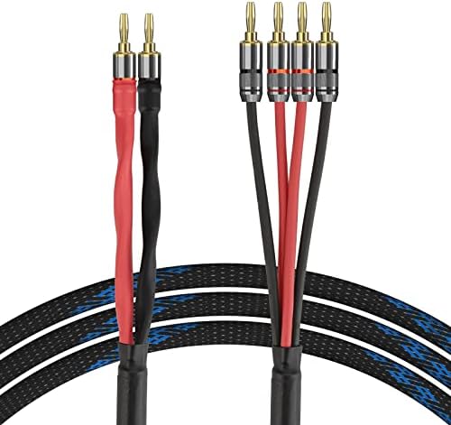 Geekria Canare 4S12F 4 Banana to 2 Banana Bi-Wire Professional Audio Speaker Cable with Premium Gold-Plated Banana Plugs, 2 Banana to 4 Banana Plugs for AMP, Speakers (14AWG 10ft 3M)