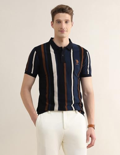 Image of U.S.Polo Association Men's Vertical Striped Colorblocked Slim Fit Polo Shirt