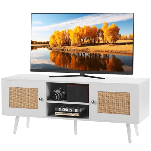VEVOR Meuble TV en rotin, 1200 x 400 x 490 mm, Console TV bohème pour télévisions de 55'', Meuble TV Moderne du Milieu du siècle, Banc TV avec étagères...