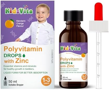 KidzVita - Polyvitamin Drops with Zinc 50ML - Multivitamins for 1-3 Years Toddlers, 9 Essential Vitamins (Vitamin A, Vitamin B Complex, C & D3) with Mineral of Zinc - Great Taste in Easy-To-Take Liquid Form - 50 Day Supply - Proudly Made in Canada