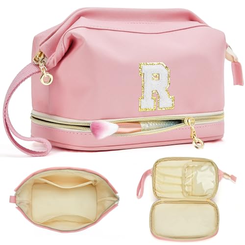 BAGNN Graduation Gifts, Initial Makeup Bag, Double Layer Cosmetic Bag, Large Capacity Portable Travel Toiletry Bag, Waterproof Make Up Bag, Personalized Gifts for Teen Girls Bridesmaid Friends-R