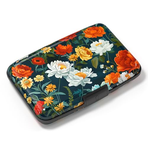 Atufsuat Women's RFID Blocking Aluminum Slim Metal Card Wallet, Flower Pattern, 7 Card Slots, Clasp Closure, Multicolour