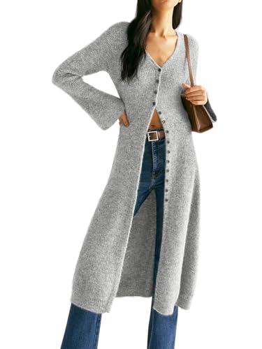 Image of Womens V-Neck Button Maxi Cardigan Bell Long Sleeve Open Front Split Breasted Sweater Dress