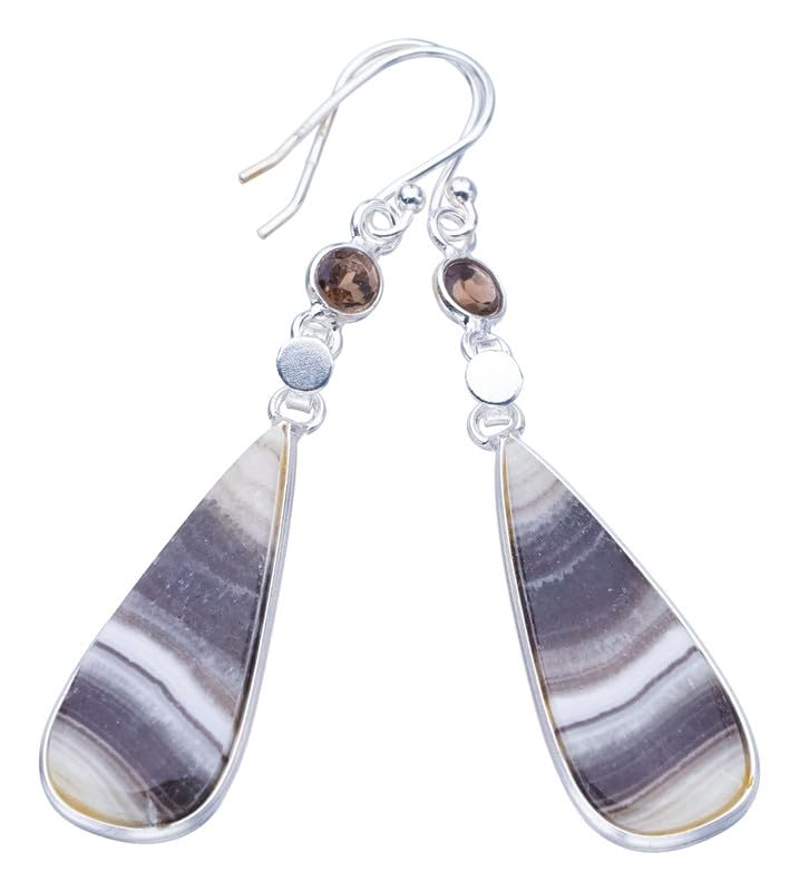 Boucles d'oreilles Calcite Zébrée Quartz Fumé Argent 925 fait main 5.72cm F5514