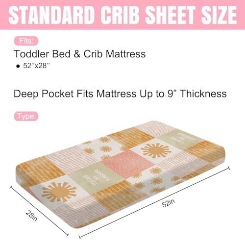Image of Colorful Boho Sun Baby Crib Sheet 52''x28'' Cute Sunshine Stripes Stretchy Fitted Mattress Sheets for Boy Girl Letters Quote Nursery Toddler Bed Sheets for Standard and Toddler Mattress