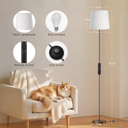 SIBRILLE LED Leselampe Stehlampe, 9W Stehlampe mit Fernbedienung&Fußschalter, 3000K-6000K Deckenfluter LED Stehleuchte für Wohnzimmer Schlafzimmer Büro,Höhe 159cm mit Leinen-Lampenschirm&LED-Lampen