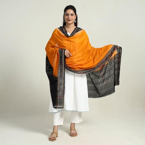 Image of Cotton Dupatta with weaving and Ikat woven border from the Weavers Stole for Girls & Women