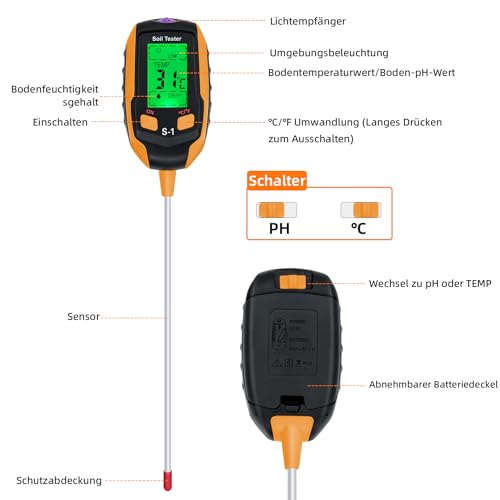 Foto von Mcbazel Bodenmessgerät 4-in-1 Bodentest Messgerät mit PH/Temperatur/Feuchtigkeit/Licht für Gartenarbeit, Rasen, Landwirtschaft und Outdoor-Pflanzen