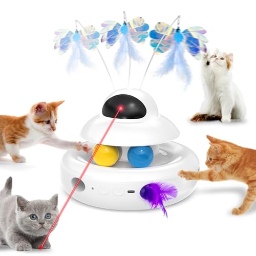 MOHAYA Cat Toy,Interactive 4-in-1 Automatic Cat Toys for Indoor Cats,Electronic Whack a Mole, Fluttering Butterfly,Track Balls Kitten Toy,Feather Toys for All Breeds