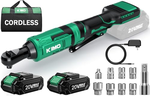 Image of KIMO 20V Cordless Ratchet Wrench 3 /8, 89Ft-lbs 400RPM Electric Ratchet Wrench Set w / Variable Speed, 2x2.0Ah Battery Power Ratchet Wrenches, 7Sockets, 3 /8 inchto1 /4 inch Adapter, 3 inchExtension Bar, Fast Charger