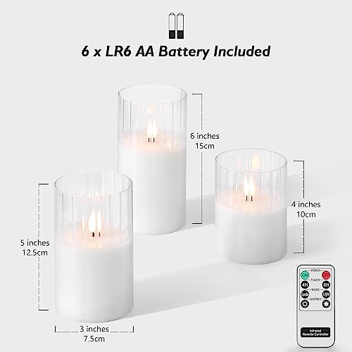 Image of Rhytsing Clear Ribbed Glass Battery Operated LED Candles with Remote, White Flameless Candle Gift Set with Timer for Weddings and Churches, Warm White Light- 6 Batteries Inclued - Set of 3