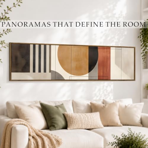 Image of Large Canvas Painting Panel Framed Wall Painting Abstract Geometric Circle Framed Luxury Paintings for Home Decoration, Living room, Bedroom and Office Decor (Beige, 13x47 Inch)