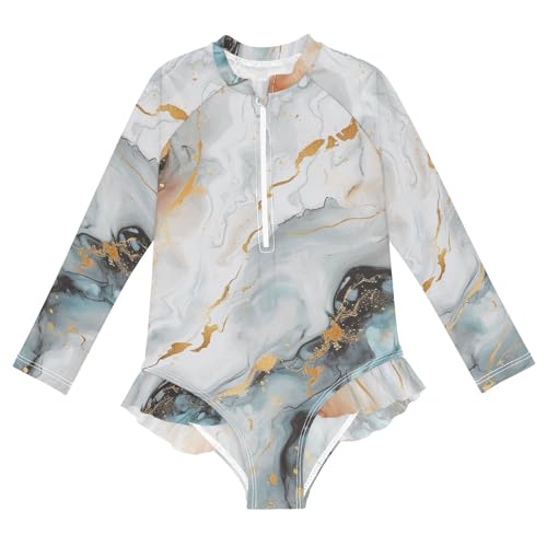 ALAZA Swimsuit for Girls Long Sleeve Rashguard Bathing Suit Marble Multicolor Quick Dry 4T