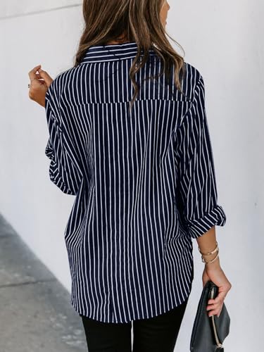 Image of siliteelon Striped Button Down Shirts Women Cotton Long Sleeve Work Blouses