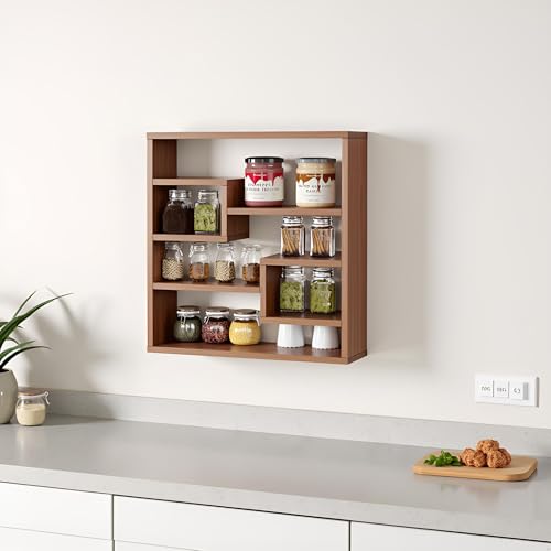 Image of FURNEASER Brian Kitchen Rack Shelf Multipurpose Wooden Wall Mounted Spice Jar Rack Shelves for Kitchen Storage Kitchen Shelf Organizer Kitchen item Containers Hanging Shelves (Exotic Teak)