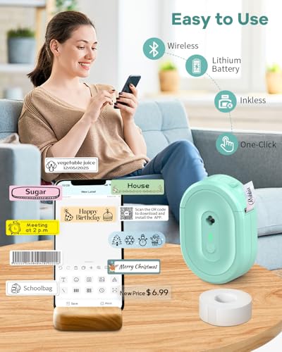 Image of Label Maker Machine with Tape, N12 Portable Bluetooth Label Printer, Wireless Mini Label Makers Thermal Sticker with Multiple Templates for Home, Kitchen, School, Office Organization, Green