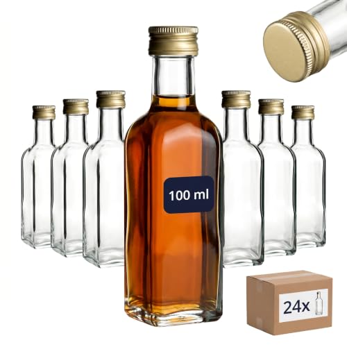 gouveo 24er Set Glasflasche 100 ml (0 10 l) Glasflasche 100 ml Maraska eckig aus Klarglas mit goldfarbenem Schraubverschluss PP24 zum Abfüllen von Likör Sirup Öl & Essig (MFET100G)