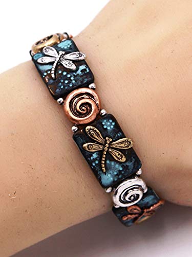 DianaL Boutique Dragonfly Embossed Metal Stretch Bracelet Charm Patina Finish2