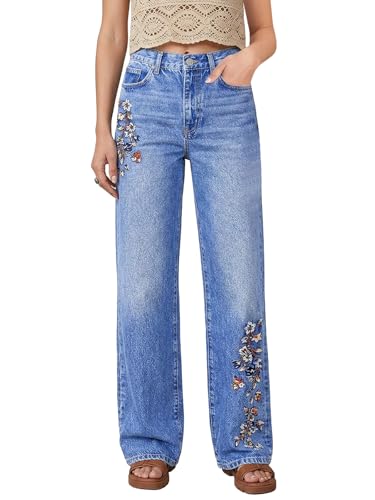 Flamingals Straight Leg Jeans for Women Mid Rise Casual Wash Floral Embroidery Denim Pants Mid Blue M