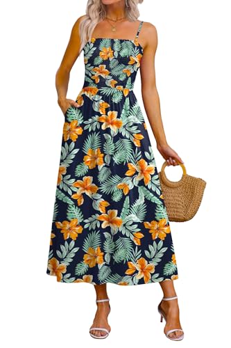 OFEEFAN Womens Spaghetti Strap Maxi Dresses Smocked with Pockets 2026 Summer Spring Casual Boho Beach Long Sundresses