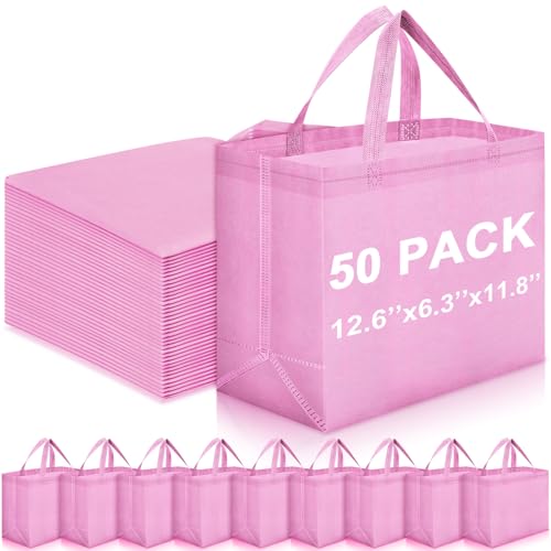 Windyun 50 Pcs Reusable Grocery Bags Large Non Woven Shopping Bags with Handles Foldable Portable Tote Bulk, 12.6 x 11.8 x 6.3 Inch (Pink)