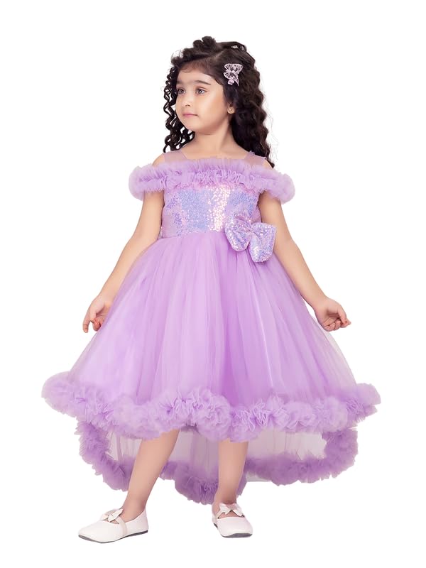 Image of Ministitch Kids Girls Barbi Tail Look Sequence Yoke Net Off Shoulder Party Bithday wear Frock and Dresses