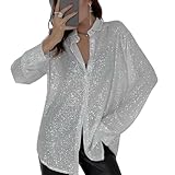 Womens Sequins Long Sleeve Collared Shirt Button Down Open Front Shirt Loose Blouses Shirts Tops White,L