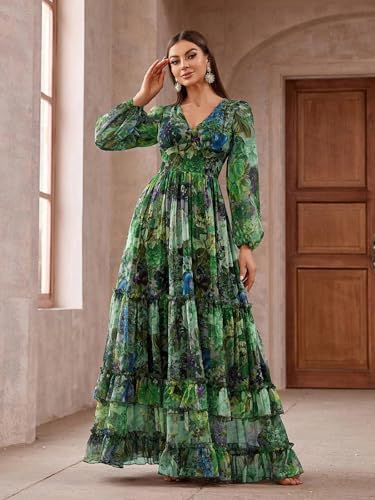 Image of TOLEEN Summer Casual Dresses for Women 2024 Spring Fashion Boho V Neck Long Sleeve Ruffle Floral Print Elegant Maxi Dress