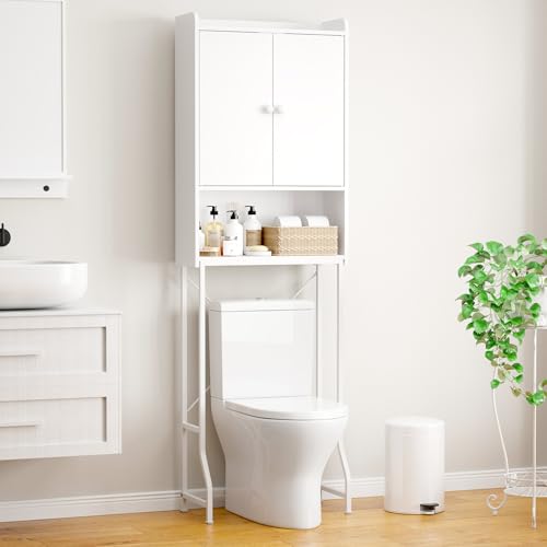 Kitsure Over The Toilet Storage Cabinet - 3 Tier Bathroom Organizers and Storage Solution with Adjustable Shelf & Bottom Bar, Anti-Tip Bathroom Storage Cabinet, White, 3 Tiers (68.1' H)
