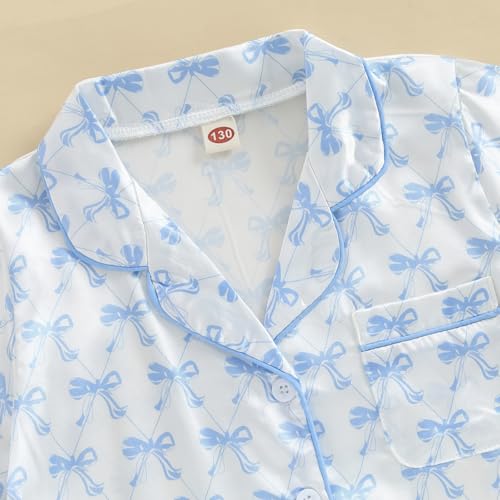 FULA-bao Toddler Baby Girl Silk Pajamas Set Bow Button Up Short Sleeve Shirts Tops and Shorts Floral Girl Satin Pj Sleep Set4