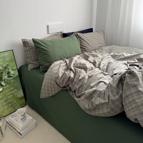 Image of mixinni Vintage Green Buffalo Plaid Duvet Cover Set Twin XL - 3 Piece Mid-Century Washed Cotton Bedding Set with Grid Pattern, Ultra Soft & Breathable Duvet Cover with Pillowcases for All Seasons