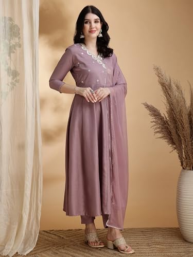 Image of NIVANA Womens Chinnon Angrakha Style Embroidered Anarkali Kurta with Pant and Dupatta | Solid Pattern A-Line Fit | Elegant V-Neck Kurta Set with 3 /4 Sleeves | Ethnic Festive and Wear Outfit