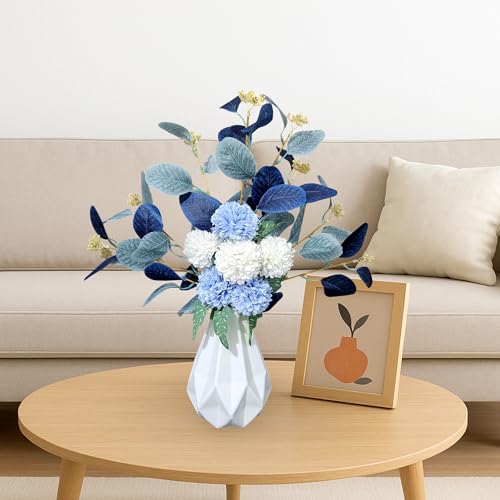 Image of Combo Set of Modern Geometric Vase and Premium Handmade Realistic Artificial Flower Bouquet for Living Room, Bedroom, Office & Gifting (White & Blue)