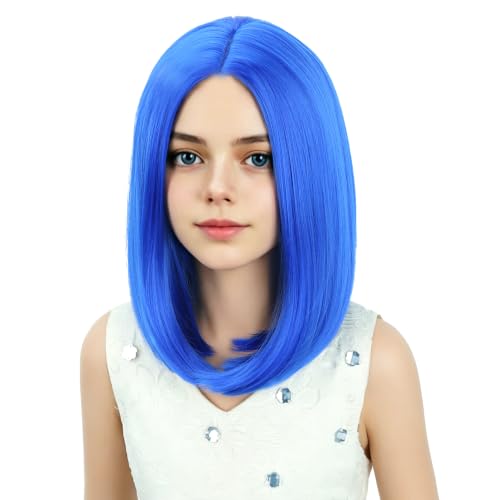 Image of Kids Blue Wig Girls Royal Blue Bob Wig Child Short Bob Wig Middle Part Wig for Kids Synthetic Wigs with Wig Cap