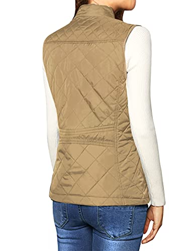 Allegra K Woman Zip Up Front Stand Collar Slant Pockets Quilted Padded Vest Large Khaki #TOP2