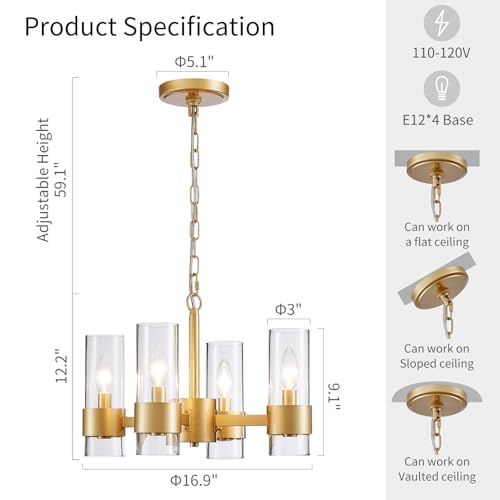 Image of WUZUPS Industrial Chandelier 4-Light with Clear Glass Modern Farmhouse Round Light Fixture for Dining Room Kithen Island Foyer, Width 16.9 inch Height 12.2 inch, Gold