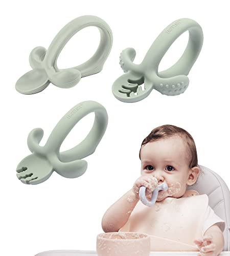 Image of Baby Spoons Set First Stage, HOFISH Toddler Spoons and Fork Set for Baby Led Weaning-100% Silicone Baby Utensils for Babies - Baby Feeding Spoons Set Self Feeding 6 Months+, Mo Blue 3 Packs