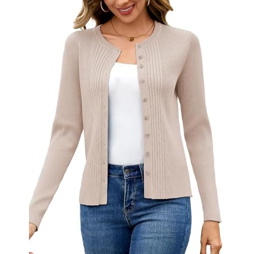 Totatuit Womens Button Down Cardigan Long Sleeve Casual Crewneck Knit Cardigans Sweater Tops Khaki X-Large