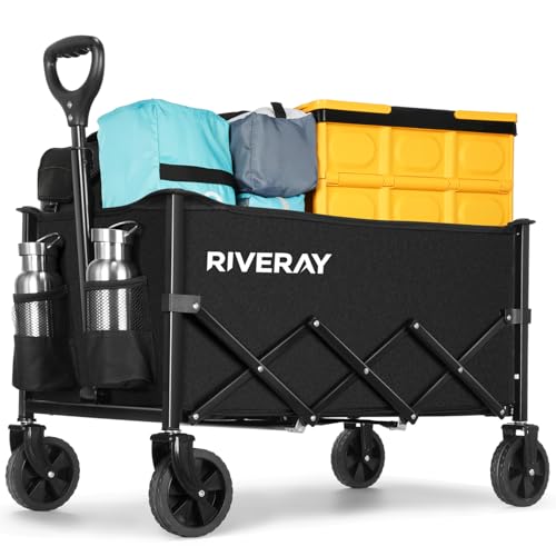 RIVERAY Chariot de Transport Pliable 120L, Montage sans Outil, Chariot Pliable de Jardin et Camping, 4 Roues Tout Terrain Détachables, Poignée Télescopique,...