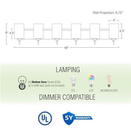 Image of Kira Home Armada II 48 inch 6-Light Modern Over Mirror Vanity /Bathroom Light, Hammered Glass Shades, Traditional Curved Arms, Brushed Nickel Finish, Pack of 2