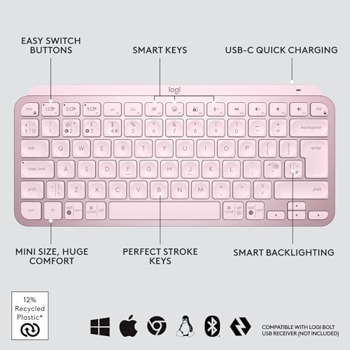 Image of Logitech MX Keys Mini Minimalist Wireless Illuminated Keyboard with Free Adobe Subscription, Compact, Bluetooth, Backlit, USB-C, Metal Build-Rose