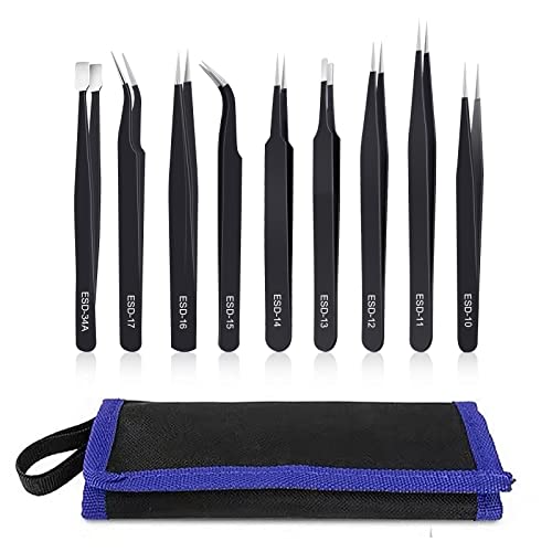 kaverme 9PCS Precision Tweezers Set, Upgraded Anti-Static St...