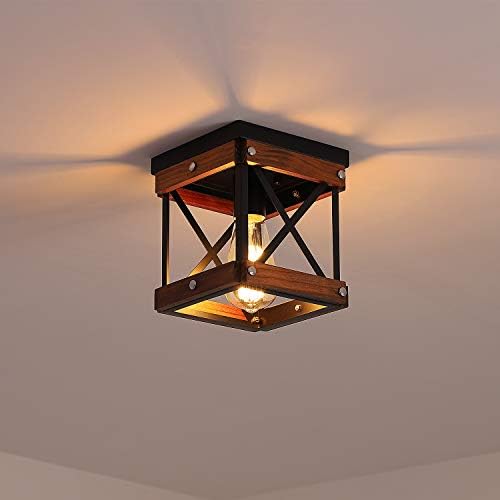 Fivess Lighting Rustic Farmhouse Flush Mount Ceiling Light 1-Light Metal and Wood Cage Mini Semi Flush Mount Light Fixture for Hallway Kitchen Entryway, Black