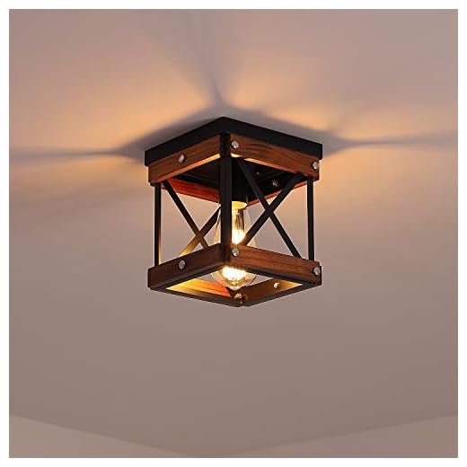 Fivess Lighting Rustic Farmhouse Flush Mount Ceiling Light 1-Light Metal and Wood Cage Mini Semi Flush Mount Light Fixture for Hallway Kitchen Entryway, Black