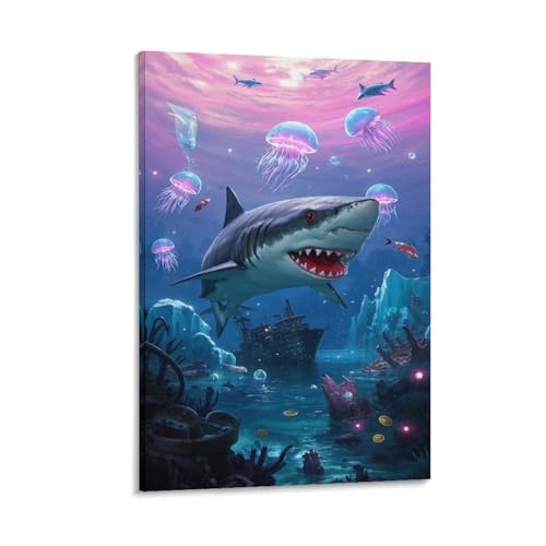 Tableau Requin 3D Relief MEFESE Toile Imperméable pour Cuisine et Salle de Bain 30x45cm