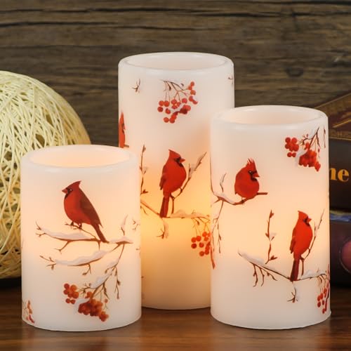 Image of Cardinal Flameless Candles, 3 Pack LED Flickering Pillar Candles with Red Bird Decals, Real Wax Cardinal Home Decor for Halloween Christmas Decor(D3 inch x H4 inch5 inch6 inch)