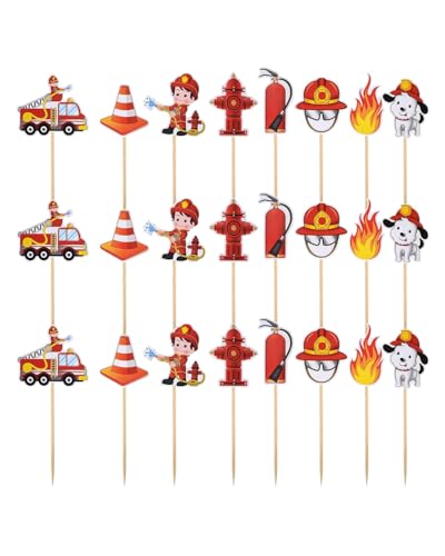 HUVZOR 24Pcs Decoración de Pastel de Bombero Adornos de Torta de Camión de Bomberos, Palitos para Decoración de Tartas, Bombero Cumpleaños Decoración para Fiestas Temáticas
