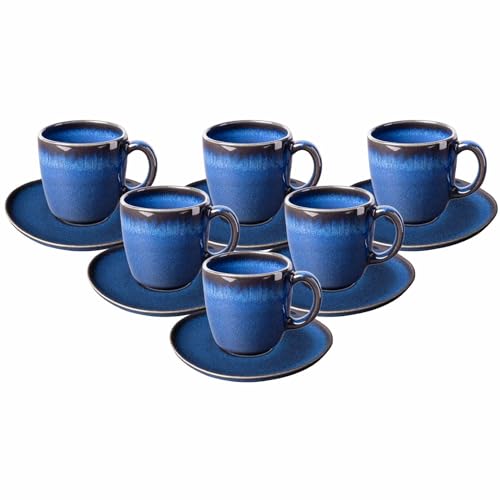 Villeroy & Boch like. by Lave Bleu Kaffeetassen mit Untertassen 6er Set, 190 ml, Kaffee-Set für 6 Personen, Steingut-Kollektion im Pottery-Stil, Blau